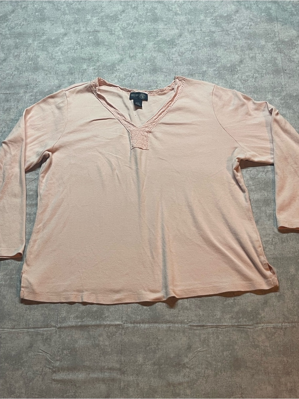 Charter Club Pale Pink V-Neck Long Sleeve Top with Lace Trim